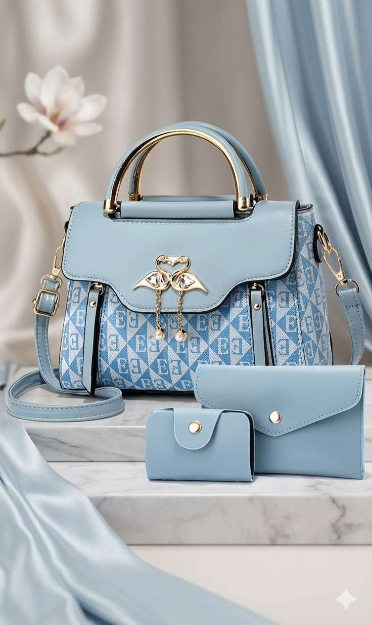 Sky Blue Swan Elegance Handbag Set