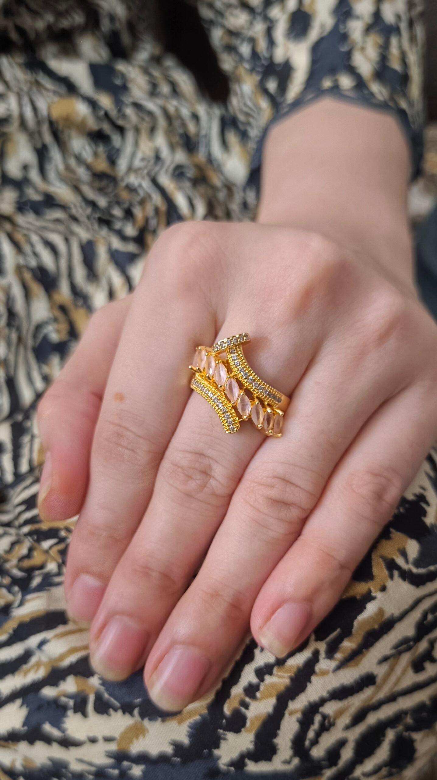 AD) Golden-Toned Pink Stone Adjustable Ring - Image 4